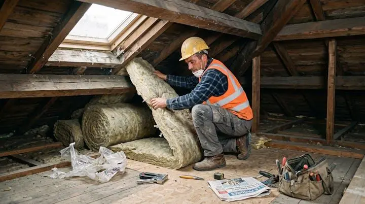 Artisan français installant des rouleaux d'isolant dans des combles lors d'un chantier de rénovation énergétique