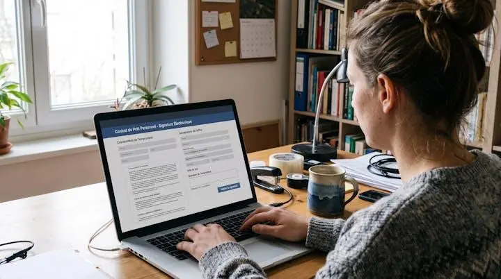 Écran d'ordinateur portable affichant une interface générique de signature électronique de contrat de crédit en français